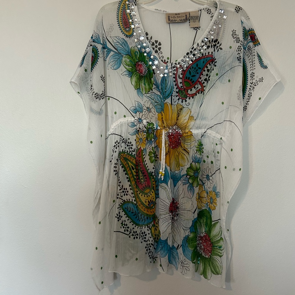 Floral Sheer Swim Coverup with Beaded Neckline